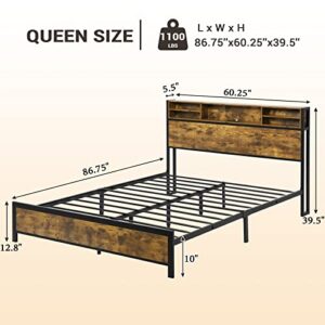 Tiptiper LED Bed Frame Queen Size with Storage Headboard, USB Ports & AC Outlets, Industrial Metal Platform Bed with LED Lights, No Box Spring Needed, Rustic Brown