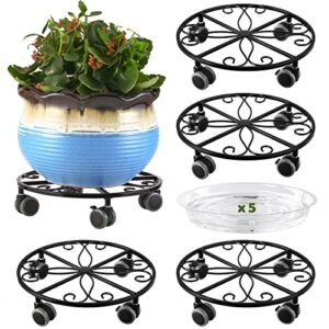 5 pack plant caddy with wheels heavy duty 13.5 inches metal plant stand with wheels plant dolly rolling plant stand plant roller with casters for indoor and outdoor, black