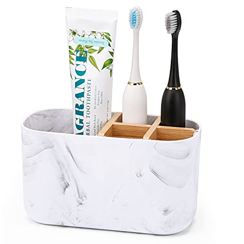 GFWARE Toothbrush Holders for Bathrooms, 5 Slots Bamboo Toothbrush Holder Eco Friendly Kids Electric Toothbrush Holder and Toothpaste Holder for Bathroom Shower Countertop, MarbleToothbrush Organizer