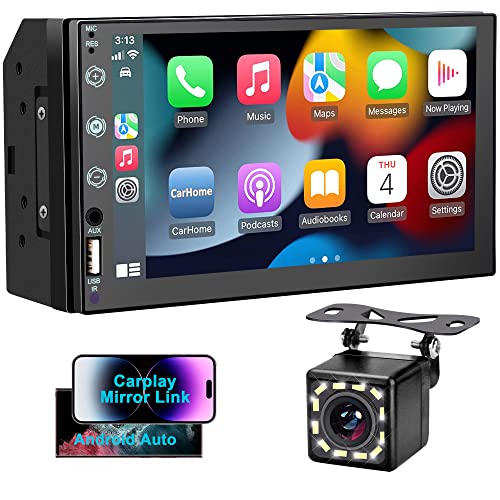 7" Double Din Car Stereo for Apple Carplay and Android Auto, HD Touchscreen,12 LED Backup Camera,Mirror Link,USB/AUX,FM Car Radio,Noise Cancelling Bluetooth