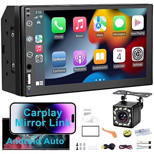 7" Double Din Car Stereo for Apple Carplay and Android Auto, HD Touchscreen,12 LED Backup Camera,Mirror Link,USB/AUX,FM Car Radio,Noise Cancelling Bluetooth