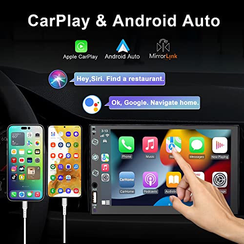 7" Double Din Car Stereo for Apple Carplay and Android Auto, HD Touchscreen,12 LED Backup Camera,Mirror Link,USB/AUX,FM Car Radio,Noise Cancelling Bluetooth