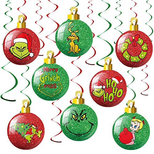 Whaline 30Pcs Christmas Ball Paper Hanging Swirls Decoration Foil Red Green Ceiling Swirl Funny Cartoon Character Spiral Streamer Ornament for Xmas Party Wall Decoration Supplies