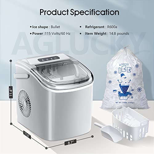 AGLUCKY Ice Makers Countertop,Portable Ice Maker Machine with Handle,Self-Cleaning Ice Maker, 26Lbs/24H, 9 Ice Cubes Ready in 8 Mins, for Home/Office/Kitchen(Grey)