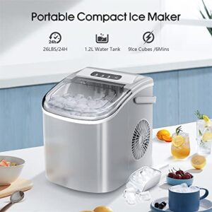 AGLUCKY Ice Makers Countertop,Portable Ice Maker Machine with Handle,Self-Cleaning Ice Maker, 26Lbs/24H, 9 Ice Cubes Ready in 8 Mins, for Home/Office/Kitchen(Grey)