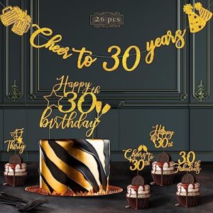 30th birthday decorations banner & cake topper and cupcake topper set, cheers to 30 years birthday party supplies gold glitter banner with 25 pcs cake and cupcake decor for women and men