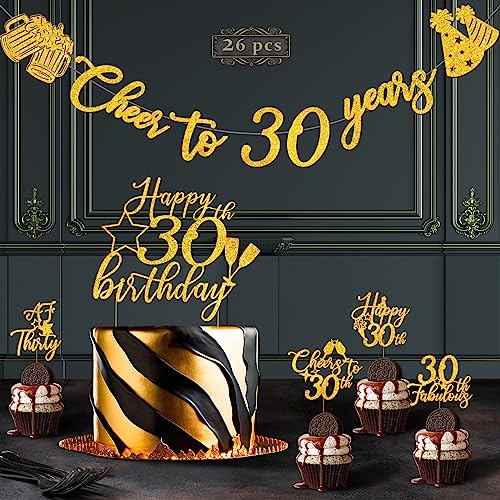 30th Birthday Decorations Banner & Cake Topper and Cupcake Topper Set, Cheers to 30 Years Birthday Party Supplies Gold Glitter Banner with 25 Pcs Cake and Cupcake Decor for Women and Men