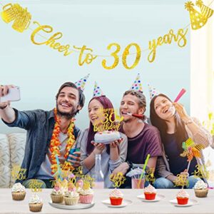 30th Birthday Decorations Banner & Cake Topper and Cupcake Topper Set, Cheers to 30 Years Birthday Party Supplies Gold Glitter Banner with 25 Pcs Cake and Cupcake Decor for Women and Men