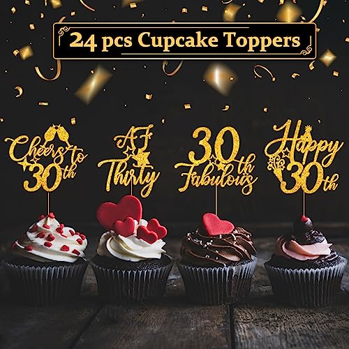 30th Birthday Decorations Banner & Cake Topper and Cupcake Topper Set, Cheers to 30 Years Birthday Party Supplies Gold Glitter Banner with 25 Pcs Cake and Cupcake Decor for Women and Men