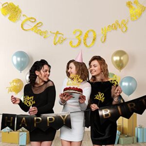 30th Birthday Decorations Banner & Cake Topper and Cupcake Topper Set, Cheers to 30 Years Birthday Party Supplies Gold Glitter Banner with 25 Pcs Cake and Cupcake Decor for Women and Men