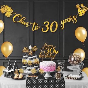 30th Birthday Decorations Banner & Cake Topper and Cupcake Topper Set, Cheers to 30 Years Birthday Party Supplies Gold Glitter Banner with 25 Pcs Cake and Cupcake Decor for Women and Men