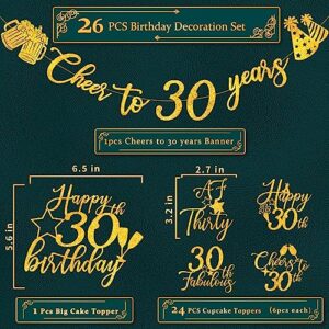 30th Birthday Decorations Banner & Cake Topper and Cupcake Topper Set, Cheers to 30 Years Birthday Party Supplies Gold Glitter Banner with 25 Pcs Cake and Cupcake Decor for Women and Men