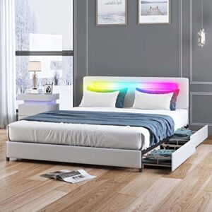 mjkone led bed frame king size with adjustable led lights headboard upholstered platform bed with 4 storage drawers, smart bed compatible with alexa&google, no box spring needed, easy assembly,white