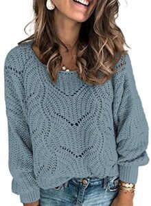 dokotoo womens ladies cute fashion casual loose winter fall 2023 color block hollow out chunky cable knit v neck long sleeve sweaters pullover dusty blue large