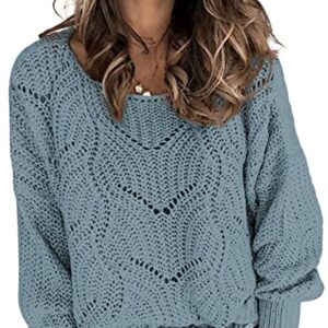 Dokotoo Womens Ladies Cute Fashion Casual Loose Winter Fall 2023 Color Block Hollow Out Chunky Cable Knit V Neck Long Sleeve Sweaters Pullover Dusty Blue Large