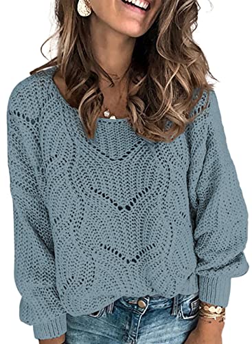 Dokotoo Womens Ladies Cute Fashion Casual Loose Winter Fall 2023 Color Block Hollow Out Chunky Cable Knit V Neck Long Sleeve Sweaters Pullover Dusty Blue Large