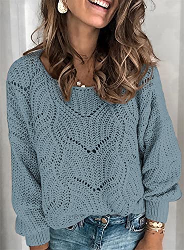 Dokotoo Womens Ladies Cute Fashion Casual Loose Winter Fall 2023 Color Block Hollow Out Chunky Cable Knit V Neck Long Sleeve Sweaters Pullover Dusty Blue Large