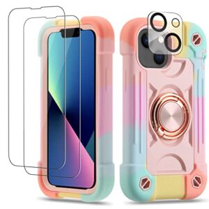 cookiver for iphone 13 mini/iphone 12 mini case 5.4 inch with ring stand, with 2 pack glass screen protector + 1 pack camera lens protector,heavy-duty military grade cover (rainbow pink)