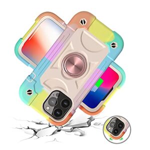 Cookiver for iPhone 13 Mini/iPhone 12 Mini Case 5.4 Inch with Ring Stand, with 2 Pack Glass Screen Protector + 1 Pack Camera Lens Protector,Heavy-Duty Military Grade Cover (Rainbow Pink)