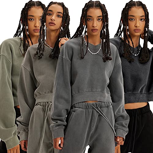 Sweatshirt for Women Acid Wash Athletic Hoodies Heritage Fleece V-neck Long Sleeve Hoodie Y2K Crop Pullover Women Sweatshirt Cotton Fleece Lined Hoodies Workout Pullover Shirt Green-L