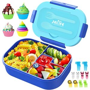 jelife lunch box kids bento box - 1300ml ideal leak proof bento lunch box for kids school lunchbox for teens toddlers boys, lunch box snack containers with utensil, food fork picks & cake cups, blue