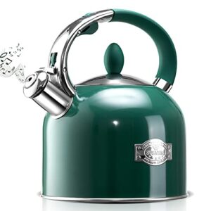tea kettle - susteas 3.17qt whistling kettle with ergonomic handle - premium stainless steel tea pots for stove top, chic vintage teapot with composite base, work for all stovetops (green)