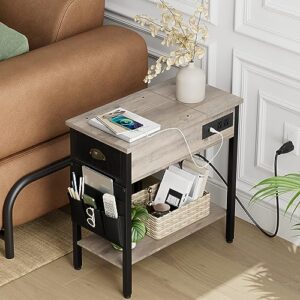 23 "End Table with Charging Station- Flip Top Narrow Side Tables With Storage Drawers/USB Ports/Outlets Sofa Couch Bedside Table Night Stand Furniture for Living Room Bedroom Office Small Spaces