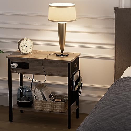 23 "End Table with Charging Station- Flip Top Narrow Side Tables With Storage Drawers/USB Ports/Outlets Sofa Couch Bedside Table Night Stand Furniture for Living Room Bedroom Office Small Spaces