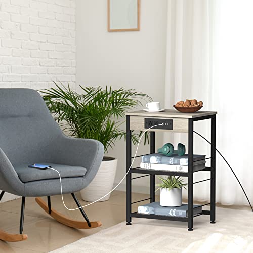 YBING Grey Nightstand with Charging Station Bedroom End Table with USB Ports and Power Outlets 3-Tier Small Side Table with Outlet and Storage Nightstand Bedside Table for Bedroom Living Room 24" H