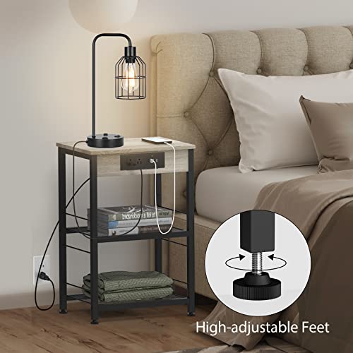 YBING Grey Nightstand with Charging Station Bedroom End Table with USB Ports and Power Outlets 3-Tier Small Side Table with Outlet and Storage Nightstand Bedside Table for Bedroom Living Room 24" H