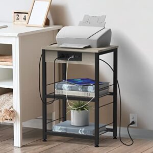 YBING Grey Nightstand with Charging Station Bedroom End Table with USB Ports and Power Outlets 3-Tier Small Side Table with Outlet and Storage Nightstand Bedside Table for Bedroom Living Room 24" H