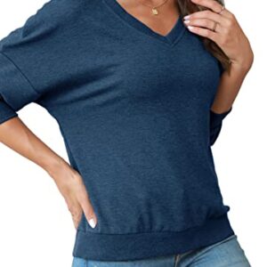 FMEYOA Womens V Neck Sweatshirts Long Sleeve Lightweight Loose Fall Basic Sweater Pullover Tops(Navy,Medium)