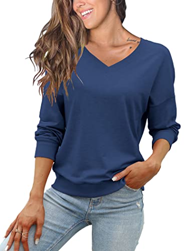 FMEYOA Womens V Neck Sweatshirts Long Sleeve Lightweight Loose Fall Basic Sweater Pullover Tops(Navy,Medium)