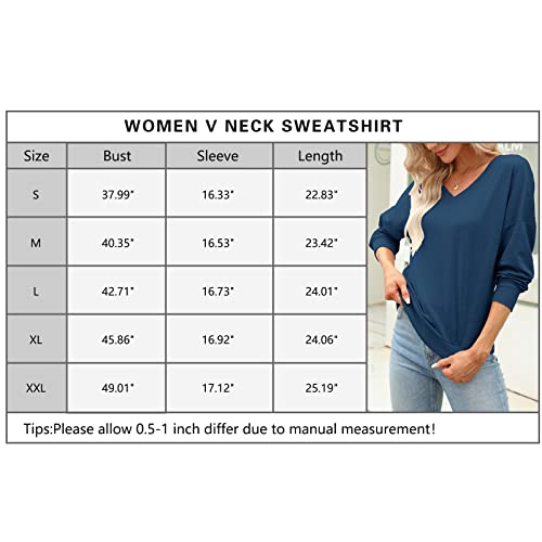 FMEYOA Womens V Neck Sweatshirts Long Sleeve Lightweight Loose Fall Basic Sweater Pullover Tops(Navy,Medium)