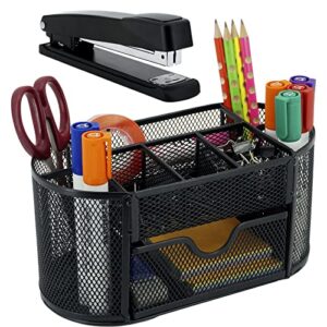 Neudeco Desk Organizers Mesh Desktop Office Supplies Multi-functional Caddy Pen Holder Stationery with 8 Compartments and 1 Drawer + Stapler with 1000 Staples Combo for Office Home School Black