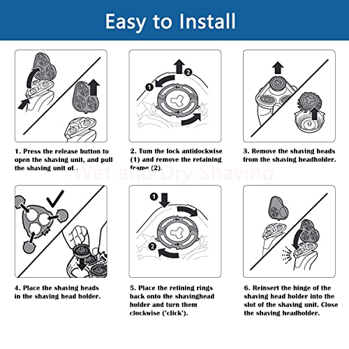 HQ8 Replacement Heads Compatible with Philips Electric Shavers, HQ8 Replacement Razor Blades Fit for Norelco Aquatec HQ8 Series Shaving Head, OEM HQ8 Heads Upgraded for PT730 AT880 AT811, 6-Pack