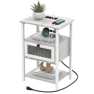 domydevm white nightstand with charging station end side table with usb ports and ac outlets modern bedside tables with flip storage drawer and open shelf for bedroom living room office dorm 1 pack