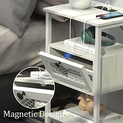 DOMYDEVM White Nightstand with Charging Station End Side Table with USB Ports and AC Outlets Modern Bedside Tables with Flip Storage Drawer and Open Shelf for Bedroom Living Room Office Dorm 1 Pack