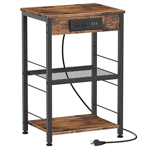 Nightstand with Charging Station End Table with USB Ports and Power Outlets Side Tables Bedroom with Storage Shelves Industrial End Table 3 Tier USB Bedside Tables in Living Room Farmhouse Brown