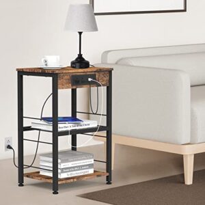 Nightstand with Charging Station End Table with USB Ports and Power Outlets Side Tables Bedroom with Storage Shelves Industrial End Table 3 Tier USB Bedside Tables in Living Room Farmhouse Brown