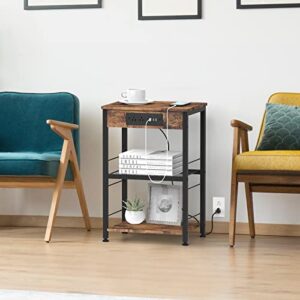 Nightstand with Charging Station End Table with USB Ports and Power Outlets Side Tables Bedroom with Storage Shelves Industrial End Table 3 Tier USB Bedside Tables in Living Room Farmhouse Brown