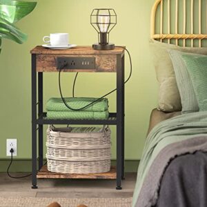 Nightstand with Charging Station End Table with USB Ports and Power Outlets Side Tables Bedroom with Storage Shelves Industrial End Table 3 Tier USB Bedside Tables in Living Room Farmhouse Brown