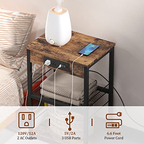 Nightstand with Charging Station End Table with USB Ports and Power Outlets Side Tables Bedroom with Storage Shelves Industrial End Table 3 Tier USB Bedside Tables in Living Room Farmhouse Brown