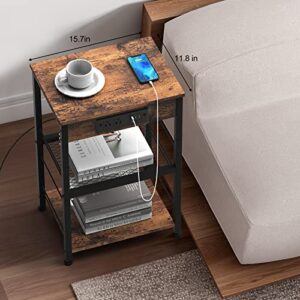 Nightstand with Charging Station End Table with USB Ports and Power Outlets Side Tables Bedroom with Storage Shelves Industrial End Table 3 Tier USB Bedside Tables in Living Room Farmhouse Brown