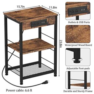 Nightstand with Charging Station End Table with USB Ports and Power Outlets Side Tables Bedroom with Storage Shelves Industrial End Table 3 Tier USB Bedside Tables in Living Room Farmhouse Brown