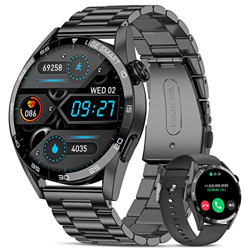 LIGE Smart Watch for Men Bluetooth Call Answering, Fitness Tracker Watch with Heart Rate/BP/Sleep Monitor Step Counter, 2023 1.3'' HD Full Touch Screen Waterproof Smartwatches for iPhone Android Black