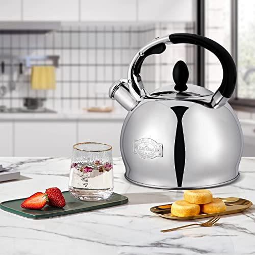 SUSTEAS Stove Top Whistling Tea Kettle-Surgical Stainless Steel Teakettle Teapot with Cool Touch Ergonomic Handle,1 Free Silicone Pinch Mitt Included,2.64 Quart(SILVER)