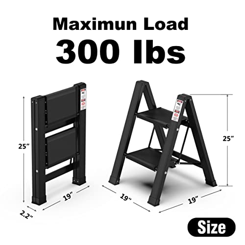 EmoH 2 Step Ladder, Aluminum Folding Step Stool with Anti-Slip Sturdy and Wide Pedal, Lightweight Portable Stepladder for Home and Kitchen Use Space Saving, Black, 330 lbs