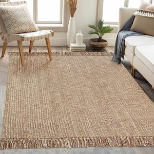 collive comfy area rug 4' x 6', tan/cream woven cotton bedroom rugs, modern indoor accent rug floor carpet with tassel for living room, nursery room, dining room, bedside, office, patio decor