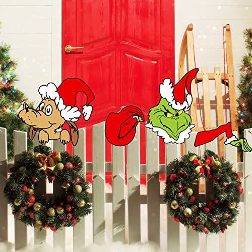 Christmas Decorations Outdoor Fence Peeker - Funny Christmas Fence Yard Signs with Thief Stole Head Arm Bag and Dog for Holiday Xmas Garden Courtyard Wall Decorations